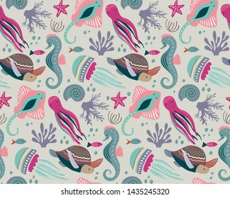 Vector seamless pattern with fish and sea animals. Jellyfish, seahorse, turtle, octopus, stingray. Marine life, underwater world, modern design for wrapping textile print