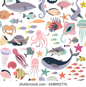 Vector seamless pattern with fish and sea animals jellyfish, seahorse, whale, turtle, octopus, crab. Marine life, underwater world, modern design for wrapping, textile, print