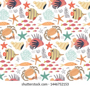 Vector seamless pattern with fish and sea animals, seashells, star, crab. Marine life, underwater world, modern design for wrapping textile print