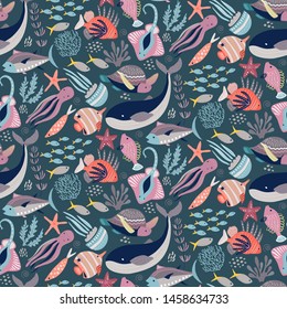 Vector seamless pattern with fish and sea animals. Jellyfish, octopus, whale, turtle, star, crab. Marine life, underwater world, modern design for wrapping textile print