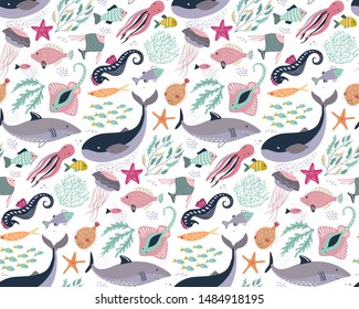 Vector seamless pattern with fish and sea animals. Jellyfish, octopus, whale, shark, stingray. Marine life, underwater world, modern design for wrapping textile print