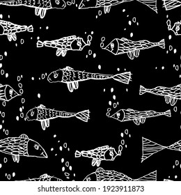 vector seamless pattern fish in the sea. Childrens style illustration. fish on black background