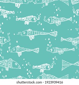 vector seamless pattern fish in the sea. Childrens style illustration. fish on mint background