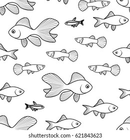 Vector Seamless Pattern with Fish Silhouettes. Endless Background