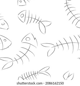 vector seamless pattern of fish skeleton in one line
