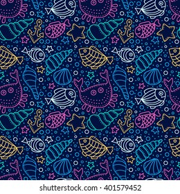 Vector seamless pattern with fish, star, shell, crab, anchor and bubble. Hand drawn doodle sea elements. Bright color objects on black background.