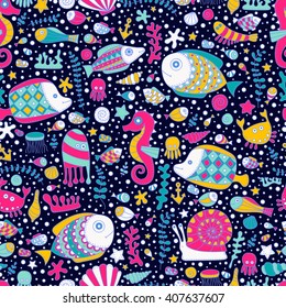 Vector seamless pattern with fish, star, shell, crab, anchor and bubble. Hand drawn doodle sea elements. Bright color objects on black background.