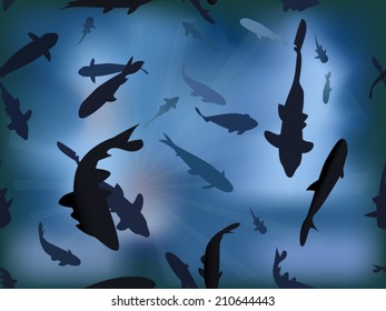 Vector seamless pattern with fish swimming in the ocean, endless background