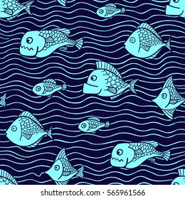 Vector seamless pattern with fish swimming in the sea.