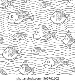 Vector seamless pattern with fish swimming in the sea.