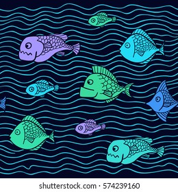 Vector seamless pattern with fish swimming in the sea. River stream. Border ornament.