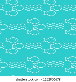 Vector seamless pattern with fish and waves. Cute summer background. For textile and fabric, cover, print on clothes, fish cafe menu. Simple marine wallpaper.