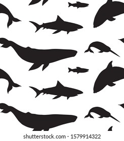 Vector seamless pattern of fish whales and sharks silhouette isolated on white background