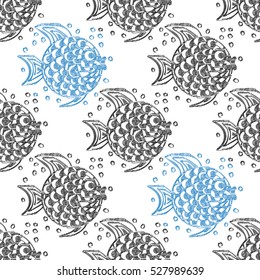 Vector seamless pattern with fishes. Abstract doodle hand drawn illustration with fish silhouettes.