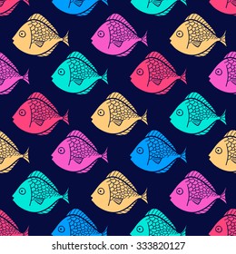 Vector seamless pattern with fishes. Cartoon fiches.