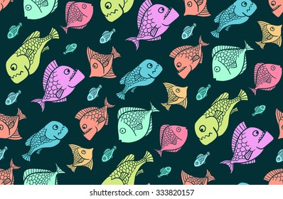 Vector seamless pattern with fishes. Cartoon fiches.