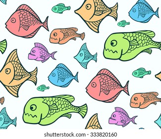 Vector seamless pattern with fishes. Cartoon fiches.