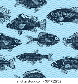 Vector seamless pattern with fishes, different species. Underwater life theme wallpaper, for use in graphic design.