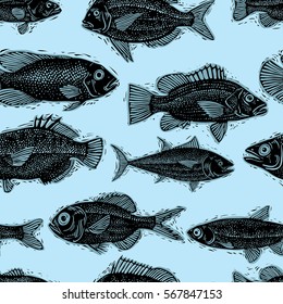 Vector seamless pattern with fishes, different species. Underwater life theme wallpaper, for use in graphic design.