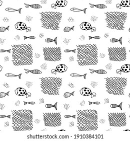 Vector Seamless pattern with fishes and fishing net. Doodle.  White background. Perfect for printing on the fabric, design package and cover