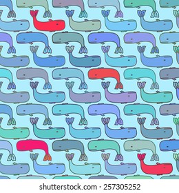 Vector seamless pattern with fishes, fully editable eps 8 file with clipping masks. Hand drawn cachalot.