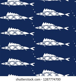Vector seamless pattern with fishes, hand drawn illustration. Cartoon fish for fabric, baby clothes, background, textile, wrapping paper and other decoration. Doodles trendy style.
