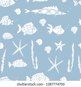 Vector seamless pattern with fishes, hand drawn illustration. Cartoon fish for fabric, baby clothes, background, textile, wrapping paper and other decoration. Doodles trendy style.