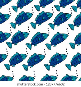 Vector seamless pattern with fishes, hand drawn illustration. Cartoon fish for fabric, baby clothes, background, textile, wrapping paper and other decoration. Doodles trendy style.