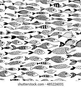 vector seamless pattern with fishes, hand drawn illustration