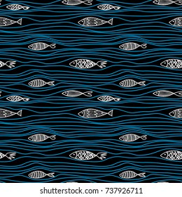 Vector seamless pattern with fishes, hand drawn illustration. Cartoon fish for fabric, baby clothes, background, textile, wrapping paper and other decoration. Doodles trendy style.