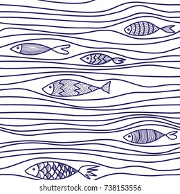 Vector seamless pattern with fishes, hand drawn illustration. Cartoon fish for fabric, baby clothes, background, textile, wrapping paper and other decoration. Doodles trendy style.