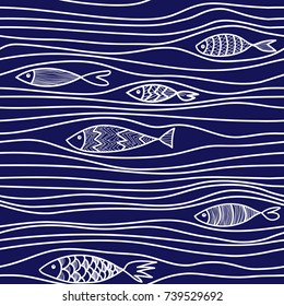 Vector seamless pattern with fishes, hand drawn illustration. Cartoon fish for fabric, baby clothes, background, textile, wrapping paper and other decoration. Doodles trendy style.