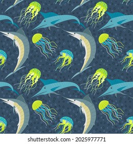 Vector seamless pattern with fishes and jellyfish. Cartoon painted jellyfish and swordfish. Sea pattern for wallpaper in the nursery