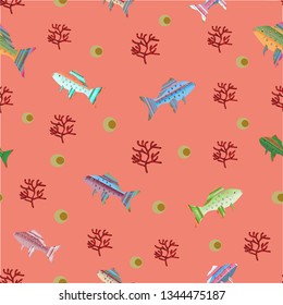 Vector seamless pattern with fishes and red corals.