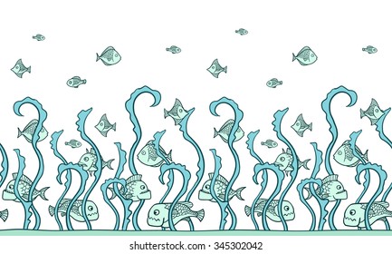 Vector seamless pattern with fishes and seaweeds. Cartoon fishes. Wildlife illustration. Border.