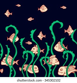 Vector seamless pattern with fishes and seaweeds. Cartoon fishes. Wildlife illustration. Border.