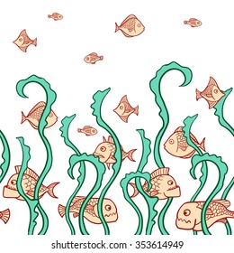 Vector seamless pattern with fishes and seaweeds. Cartoon fishes. Wildlife illustration. Border.
