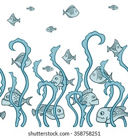 Vector seamless pattern with fishes and seaweeds. Cartoon fishes. Wildlife illustration. Border.