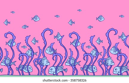 Vector seamless pattern with fishes and seaweeds. Cartoon fishes. Wildlife illustration. Border.