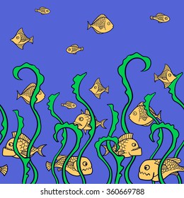 Vector seamless pattern with fishes and seaweeds. Cartoon fishes. Wildlife illustration. Border.