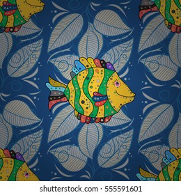 vector seamless pattern with fishes. Yellow. Leaves.