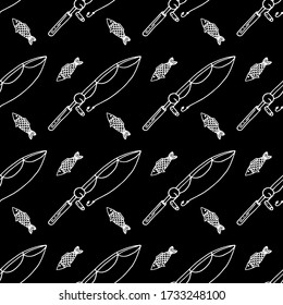 Vector seamless pattern with fishing rods and fish on a black background. Hand drawn camping illustranion. extile sketch, background, wrapping paper, design, packaging. Eps 8.