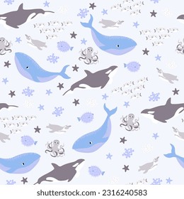 Vector seamless pattern with fish,penguin,whale,killer whale, octopus.Underwater cartoon creatures.Marine background.Cute ocean pattern for fabric, childrens clothing,textiles,wrapping paper