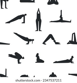 Vector seamless pattern with fitness poses. Flat isolated collection with hiispanic, african american and european women making yoga exercises like asanas, stretchening training. Black silhouettes