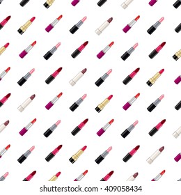Vector seamless pattern. Five lipsticks. White background.