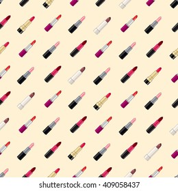 Vector seamless pattern. Five lipsticks. Yellow background.