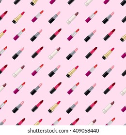 Vector seamless pattern. Five lipsticks. Pink background.