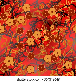 Vector seamless pattern with five-petal flowers on varicolored background.