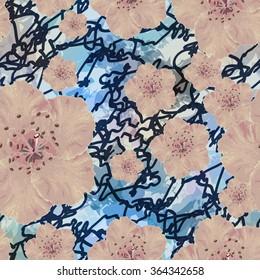 Vector seamless pattern with five-petal flowers on varicolored background. Ornament made from watercolor hand painted elements. 