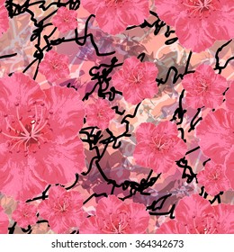 Vector seamless pattern with five-petal flowers on varicolored background. Ornament made from watercolor hand painted elements.